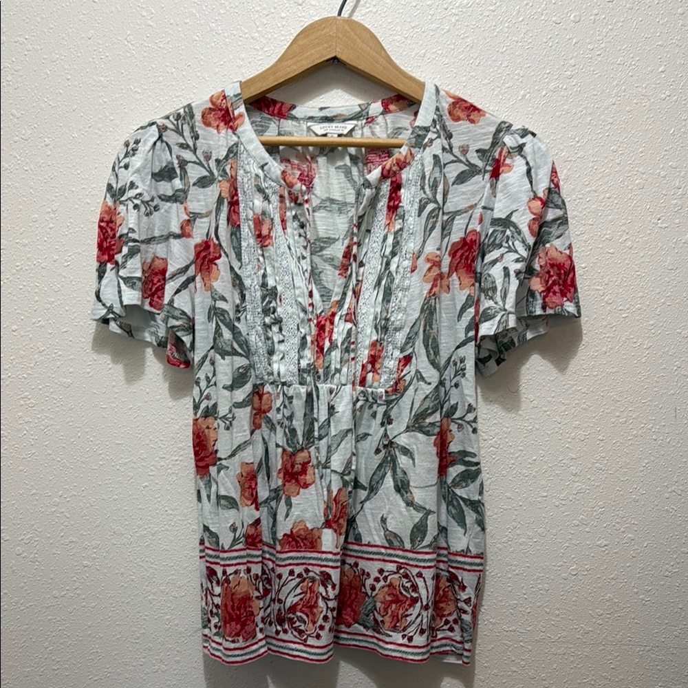 Floral Print Women's Top - Red and Gray